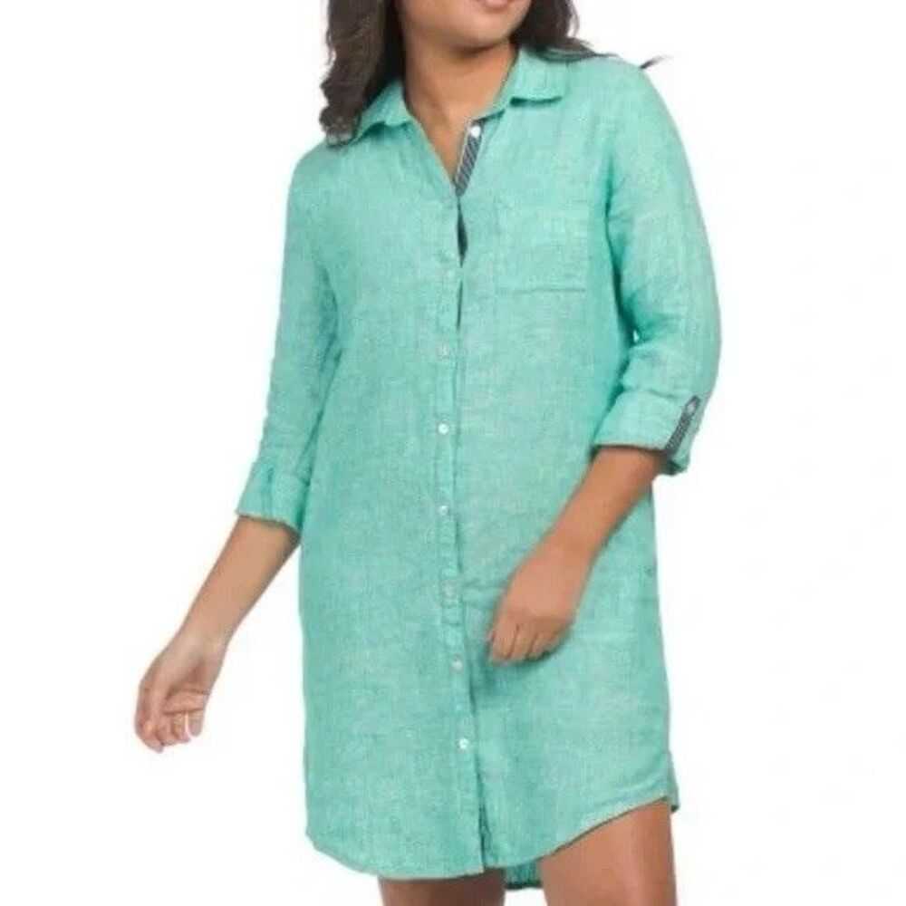 C&C California 100% Linen Shirt Dress Green Roll Tab Medium Coverup Tunic